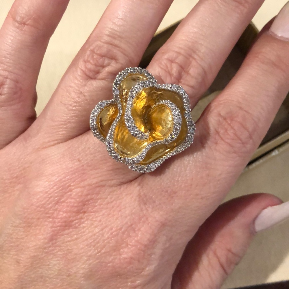 Gold with silver and diamonds flower ring